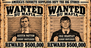 Vintage-style bootleg poster reading 'The Underground Gazette' with large text 'BOOTLEGGERS AT LARGE!' and two 'WANTED BU MAFIA' mugshots. The posters show names Austin Patton and Cole Brantley, with rewards of $500,000 and a Bulk Underground logo at the bottom.