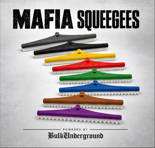 A set of seven plastic squeegee-style cleaning tools in different colors, including black, yellow, red, green, blue, brown, and purple, arranged in a vertical stack. The image is presented on a textured light gray square with a black border, featuring the text 'MAFIA SQUEEGEES' at the top and 'POWERED BY BulkUnderground' at the bottom.
