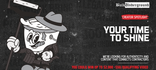 Promotional graphic for Bulk Underground Creator Spotlight, featuring a black-and-white illustrated character in a hat holding a paintbrush, with text reading 'YOUR TIME TO SHINE' and callout details on a dark textured background.